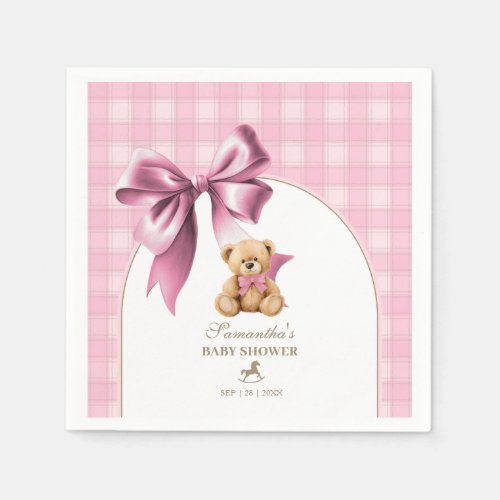 Preppy Teddy Bear Pink Plaid Girl Baby Shower Napkins