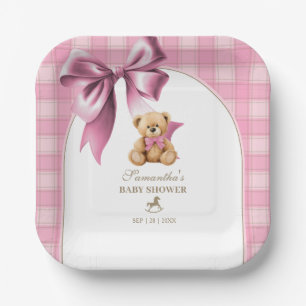Preppy Teddy Bear Pink Plaid Girl Baby Shower Paper Plates