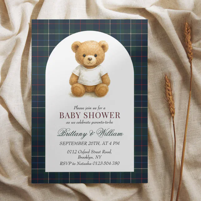 Preppy Teddy Bear Plaid Baby Shower Invitation | Zazzle