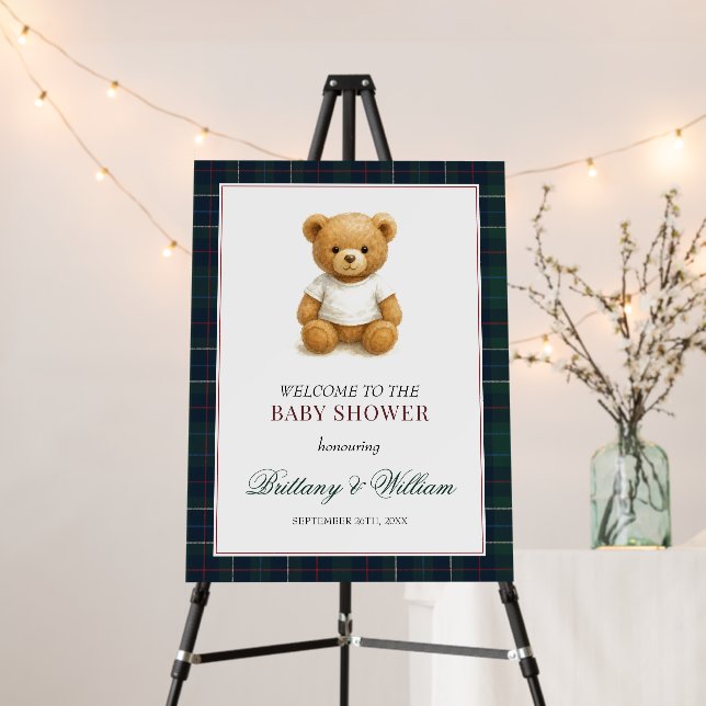 Preppy Teddy Bear Plaid Baby Shower Welcome Foam Board (In Situ (Stand))