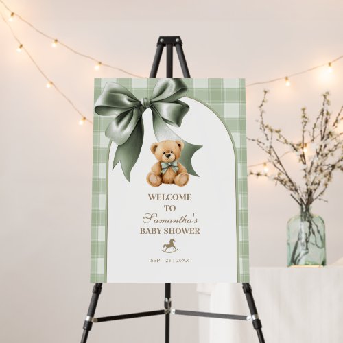 Preppy Teddy Bear Sage Baby Shower Welcome Sign