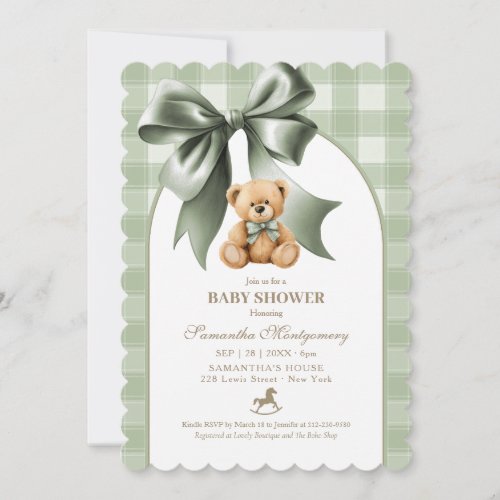 Preppy Teddy Bear Sage Green Plaid Baby Shower Invitation