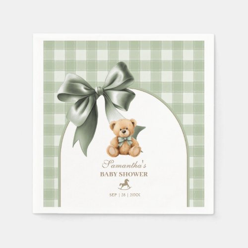 Preppy Teddy Bear Sage Green Plaid Baby Shower Napkins