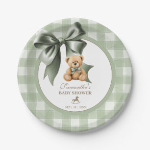 Preppy Teddy Bear Sage Green Plaid Baby Shower Paper Plates