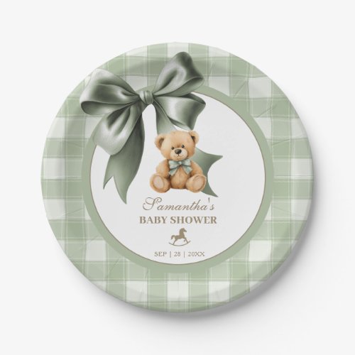 Preppy Teddy Bear Sage Green Plaid Baby Shower Paper Plates