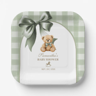 Preppy Teddy Bear Sage Green Plaid Baby Shower Paper Plates