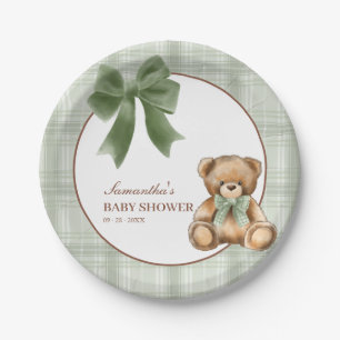 Preppy Teddy Bear Sage Plaid Baby Shower Paper Plates