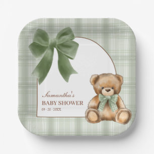 Preppy Teddy Bear Sage Plaid Baby Shower   Paper Plates