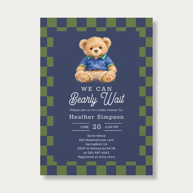 Preppy Teddy Bearly Wait Checkboard Baby Shower Invitation (Creator Uploaded)