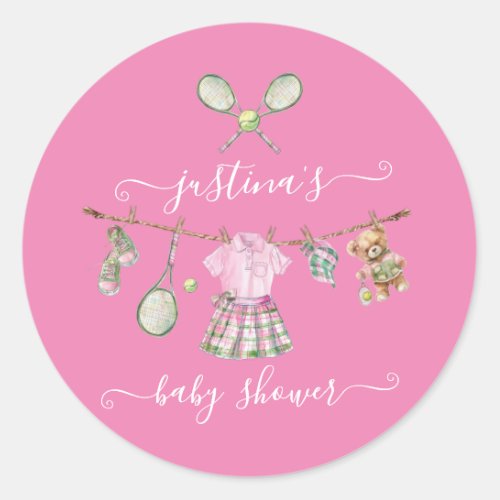 Preppy Tennis Baby Shower Clothesline Classic Round Sticker