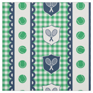 Preppy Tennis Crest Gingham - Green & Navy Fabric