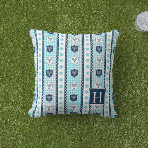 Preppy Tennis Crest Gingham - Turquoise & Navy Outdoor Pillow