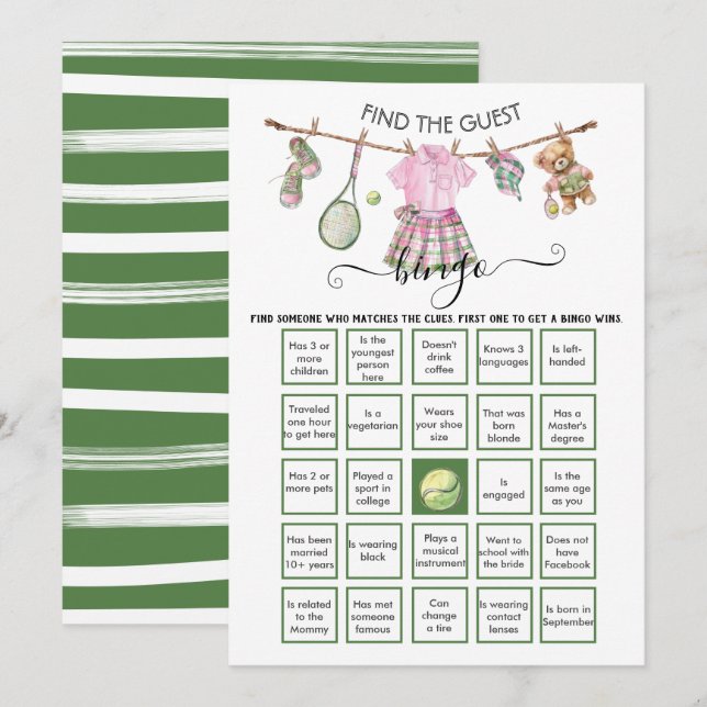 Preppy Tennis Find the Guest BINGO  Invitation (Front/Back)
