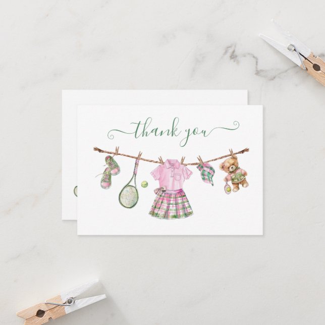 Preppy Tennis Girl Clothesline Thank You Note (Front/Back In Situ)