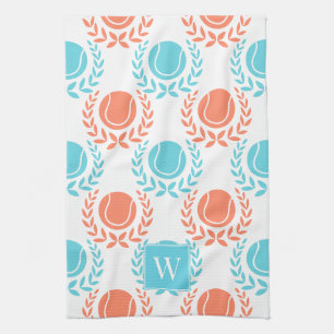 Preppy Tennis Laurel Wreath - Coral & Turquoise Kitchen Towel