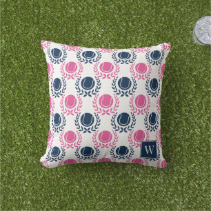 Preppy Tennis Laurel Wreath - Navy & Hot Pink Outdoor Pillow