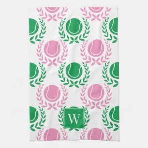 Preppy Tennis Laurel Wreath - Pink & Green Kitchen Towel