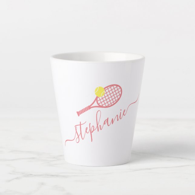 Preppy Tennis Monogram Personalized Pink  Latte Mug (Front)