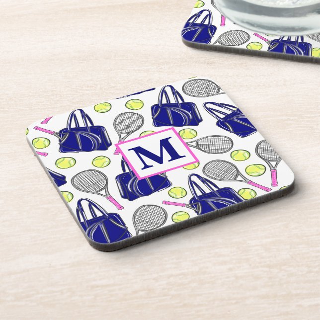 Preppy Tennis Pattern Monogram Beverage Coaster (Left Side)