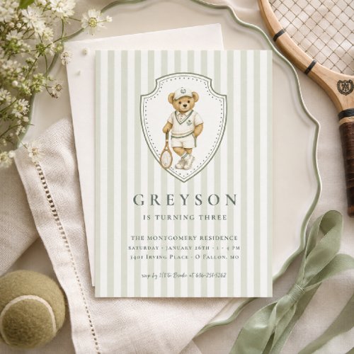 Preppy Tennis Teddy Bear Birthday Invitation
