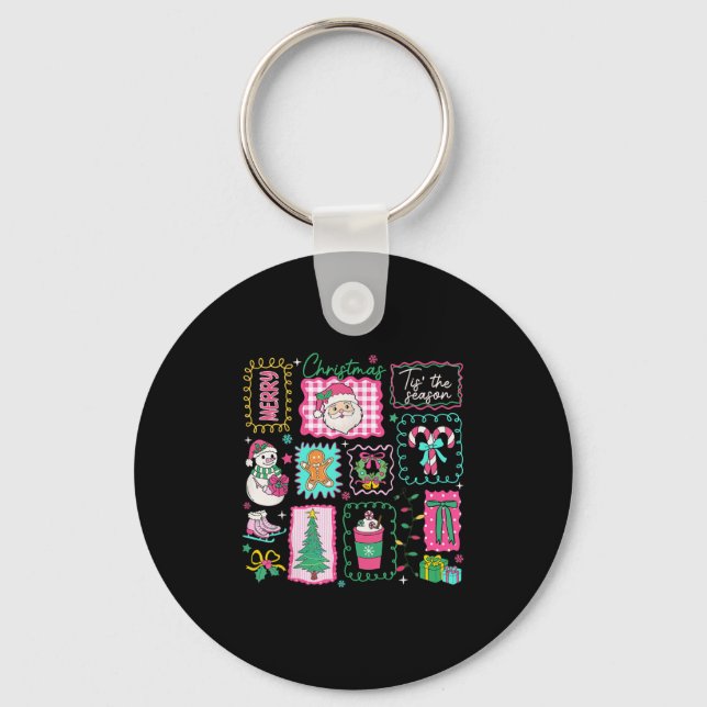 Preppy Tis The Season Pink Christmas Coffee Family Keychain (Front)
