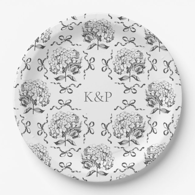 Preppy Toile Hydrangea Bow with Name Paper Plates (Front)