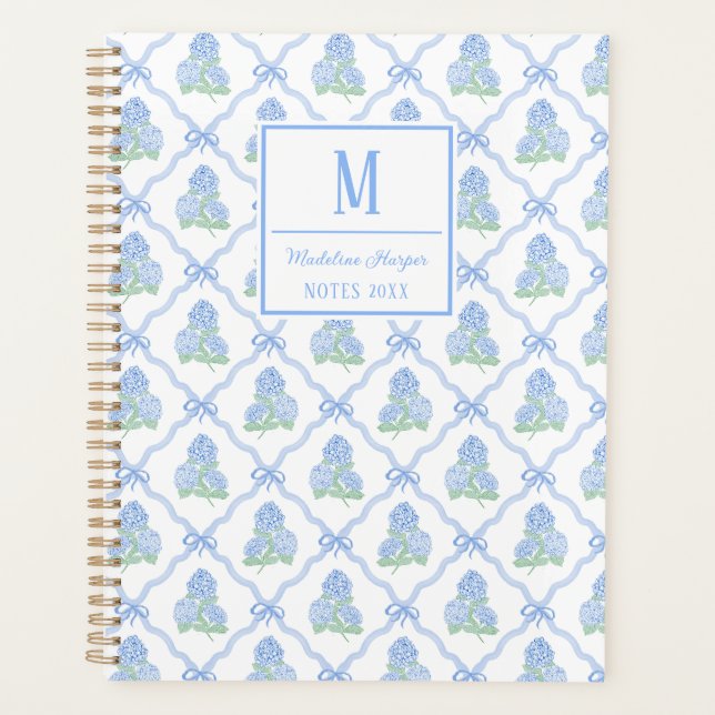 Preppy Trellis Bow Blue & Green Hydrangea Monogram Planner (Front)