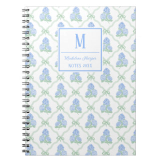 Preppy Trellis Bow Blue & Green Hydrangeas Monogra Notebook