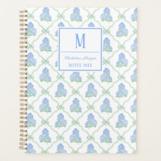 Preppy Trellis Bow Blue & Green Hydrangeas Monogra Planner