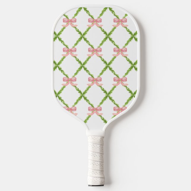 Preppy Trellis with Pink Bows Pickle Ball  Pickleball Paddle (Front)