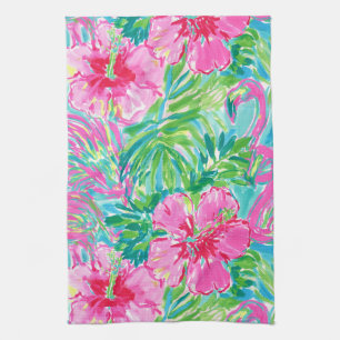 Preppy Tropical Floral Kitchen Towels Flamingo