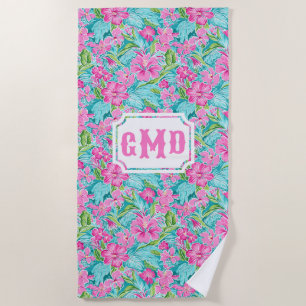 Preppy Tropical Hibiscus Flower Monogram Beach Towel
