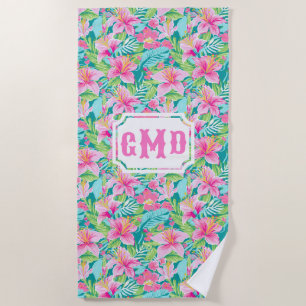 Preppy Tropical Hibiscus Flower Monogram Beach Towel