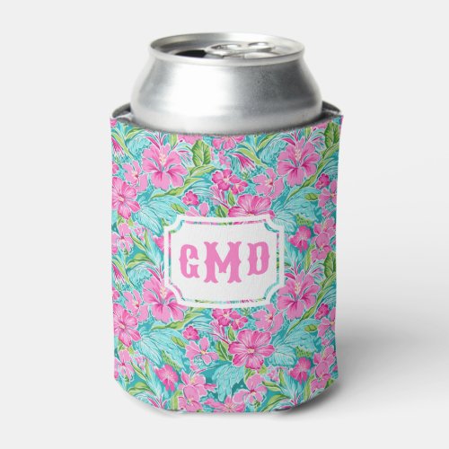 Preppy Tropical Hibiscus Flower  Monogram  Can Cooler