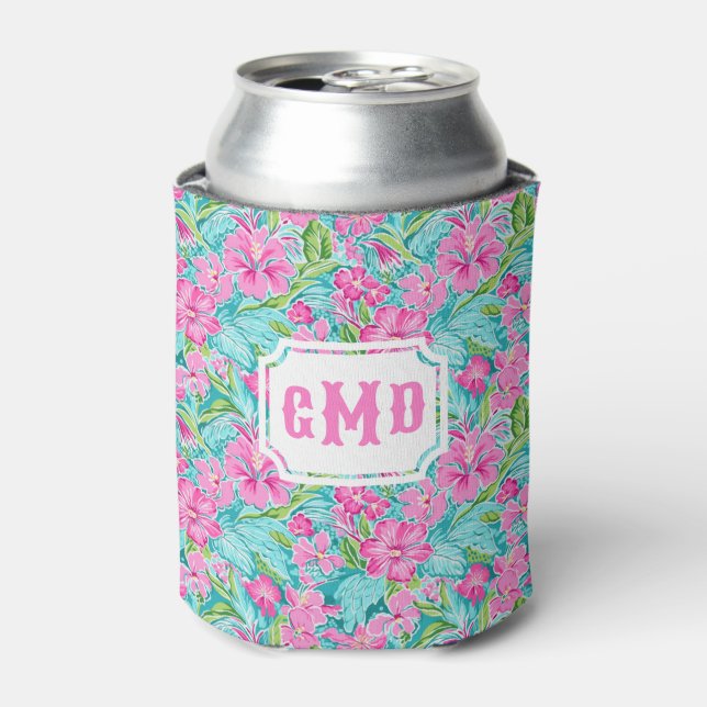 Preppy Tropical Hibiscus Flower | Monogram  Can Cooler (Can Front)