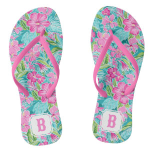 Preppy Tropical Hibiscus Flower Monogram Flip Flops
