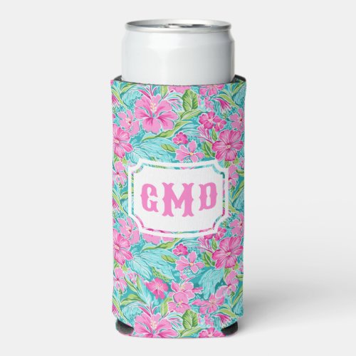 Preppy Tropical Hibiscus Flower  Monogram  Seltzer Can Cooler