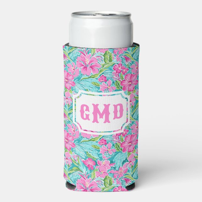 Preppy Tropical Hibiscus Flower | Monogram  Seltzer Can Cooler (Seltzer Front)