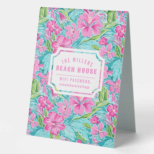 Preppy Tropical Hibiscus Flower Wifi Password Table Tent (Front)