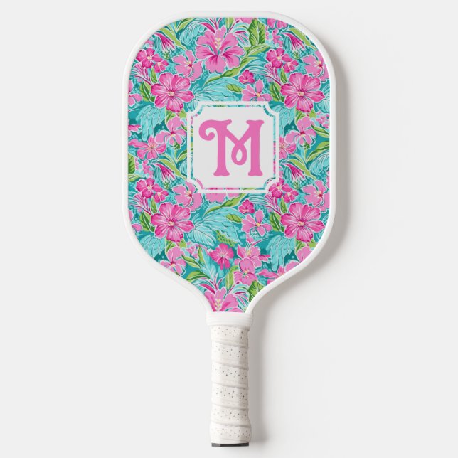 Preppy Tropical Hibiscus | Monogram Pickleball  Pickleball Paddle (Front)