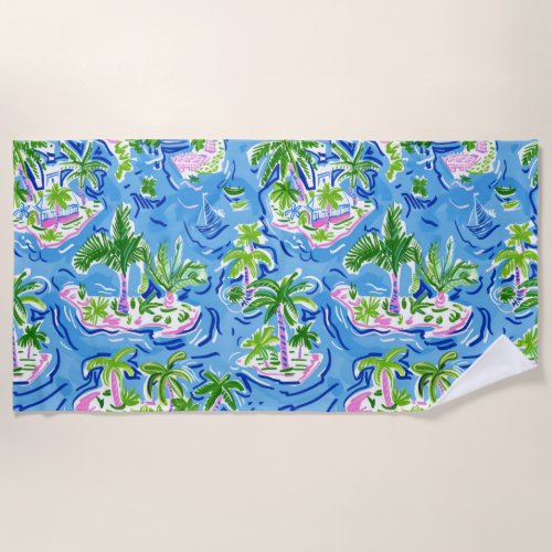 Preppy Tropical Islands Palm Trees  Sailboats Beach Towel