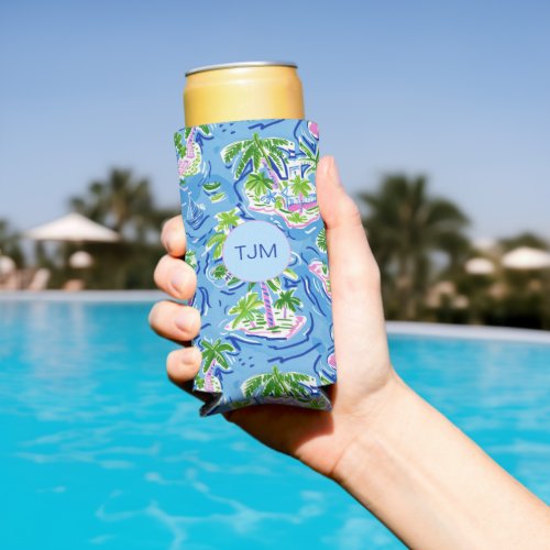 Preppy Tropical Islands Palm Trees  Sailboats Seltzer Can Cooler