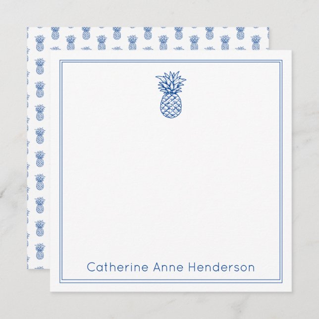 Preppy Tropical Navy Blue Pineapple Personalized Note Card (Front/Back)