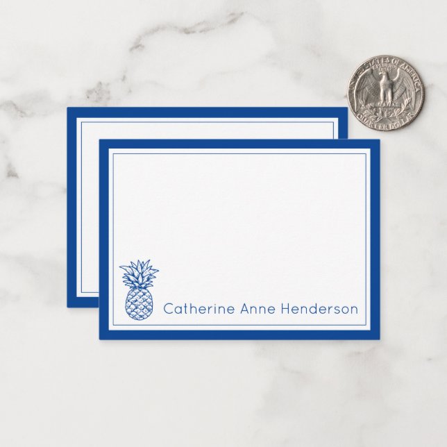 Preppy Tropical Navy Blue Pineapple Personalized Note Card (Front/Back In Situ)