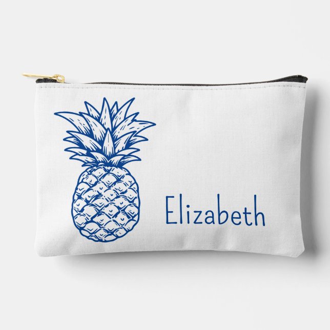 Preppy Tropical Navy Blue Pineapples Personalized Accessory Pouch (Front)