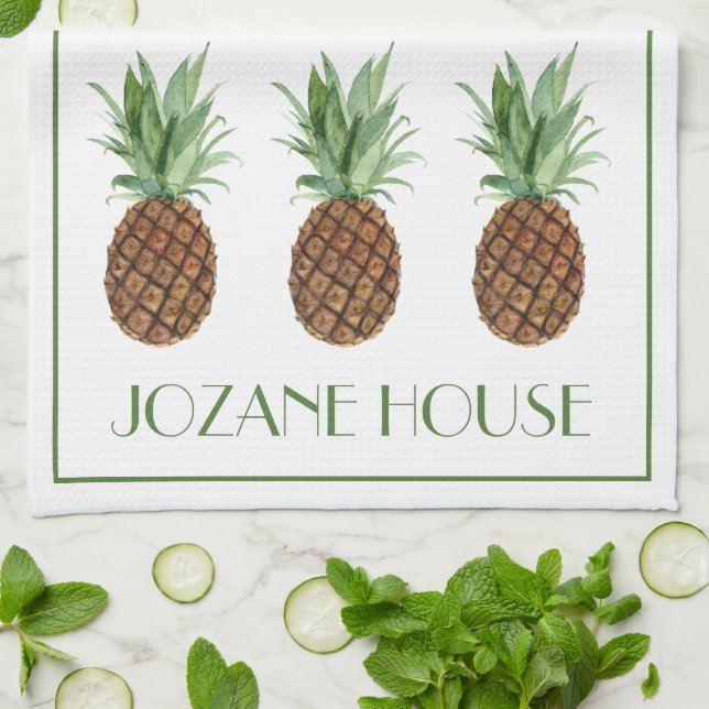 Preppy Tropical Pineapples Personalized Kitchen Towel (Folded)