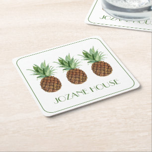 Preppy Tropical Pineapples Personalized Square Paper Coaster