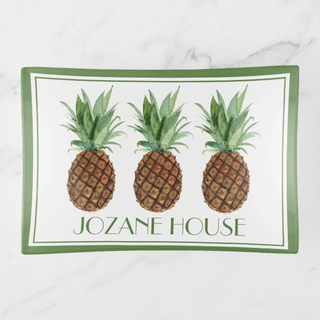 Preppy Tropical Pineapples Personalized Trinket Tray (Front)