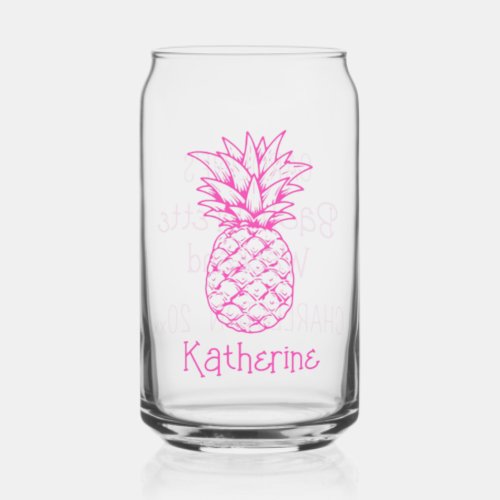Preppy Tropical Pink Pineapple Personalized Can Glass