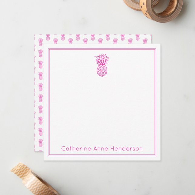 Preppy Tropical Pink Pineapple Personalized Note Card (Front/Back In Situ)